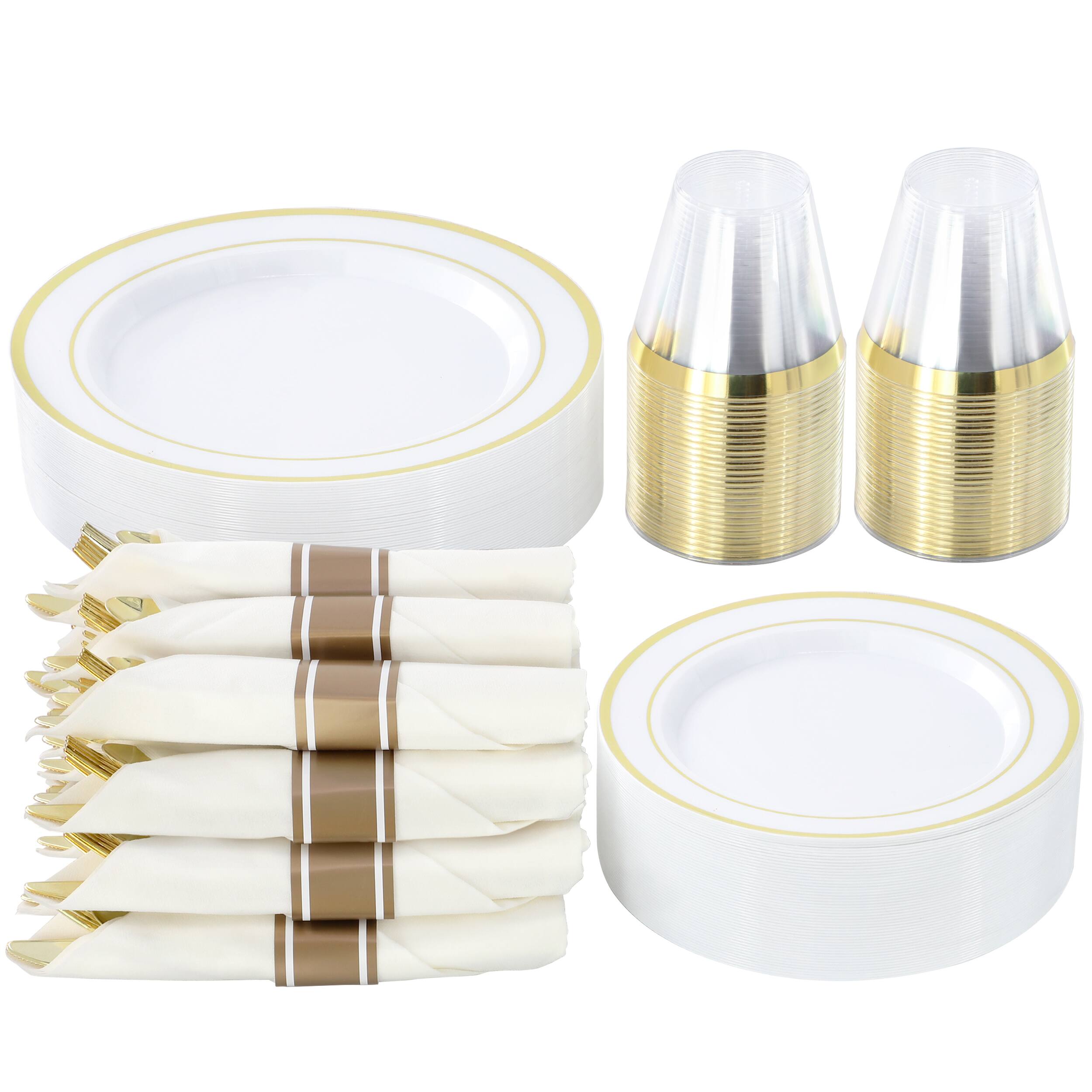Front. Elama - Elama 350 Piece Disposable Plastic Dinnerware Party Set for 50 Guests in White with Gold Trim - White.