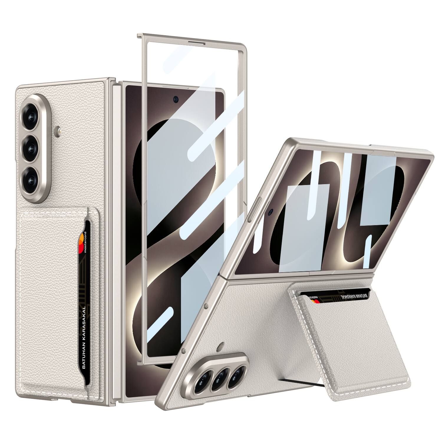 Dteck - Slim Card Holder Case for Samsung Galaxy Z Fold8 Ultra with Tempered Glass Film,PU Leather Card Pocket Stand PC Cover - Titaniumgray