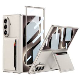 Dteck - Slim Card Holder Case for Samsung Galaxy Z Fold8 Ultra with Tempered Glass Film,PU Leather Card Pocket Stand PC Cover - Titaniumgray