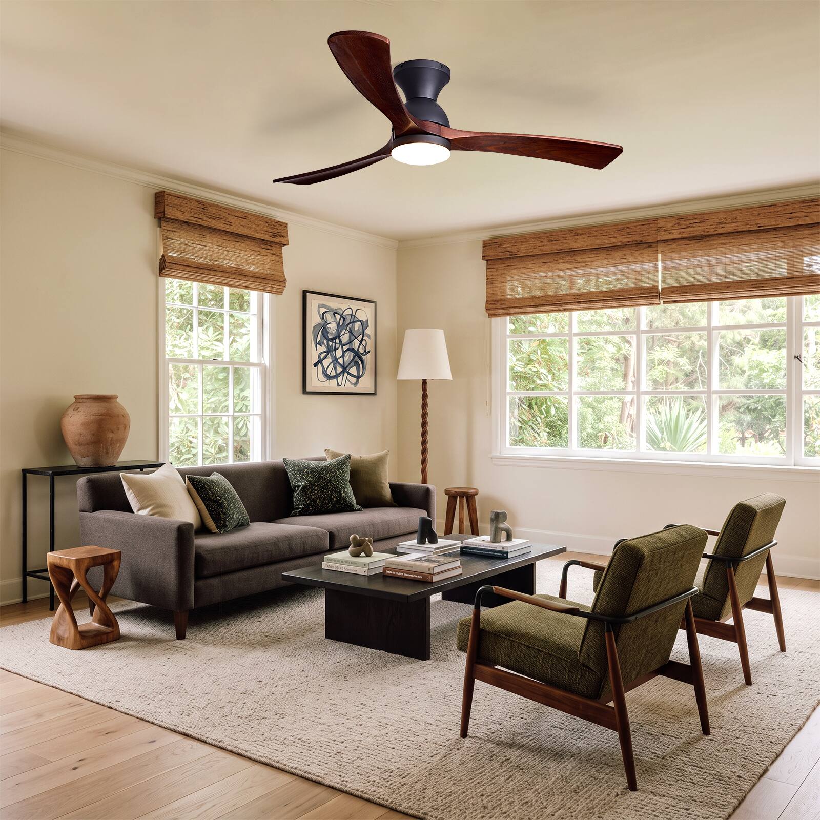 Left. Siljoy - 52 Inch Black Flush Mount Ceiling Fan with Light Solid Wood Blades with Remote Control for Bedroom Living Room Foyer - Brown.
