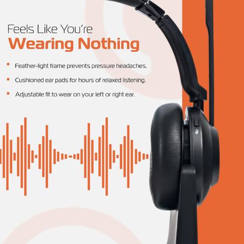 Feels Like You're Wearing Nothing

- Feather-light frame prevents pressure headaches.
- Cushioned ear pads for hours of relaxed listening.
- Adjustable fit to wear on your left or right ear.