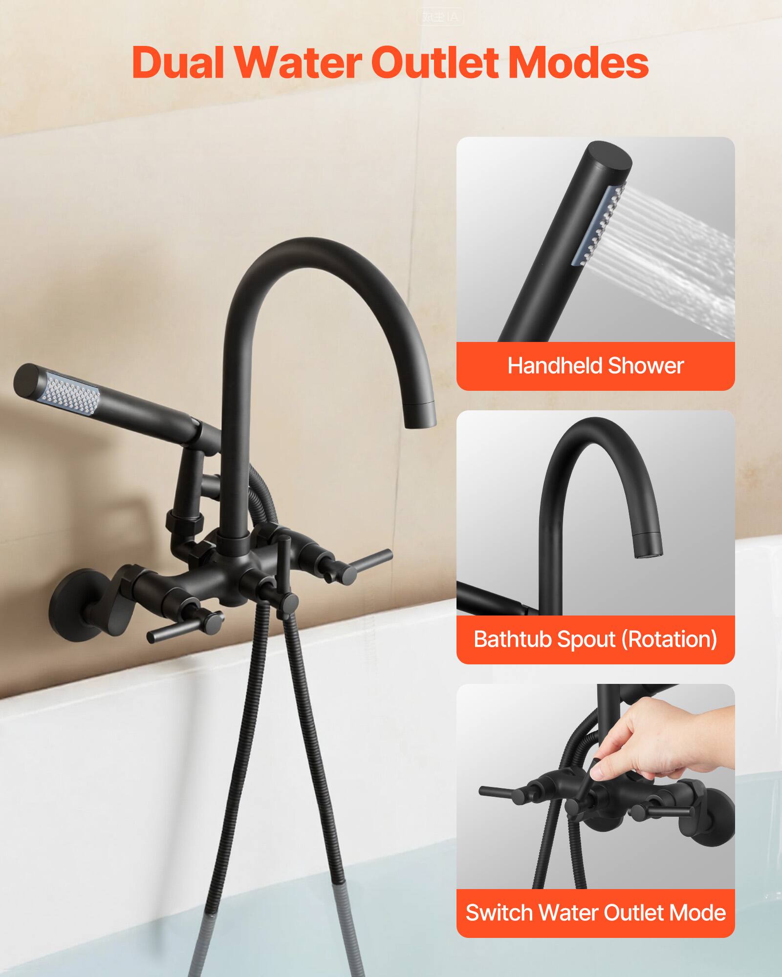 LPIA Dual Water Outlet Modes  
Handheld Shower  
Bathtub Spout (Rotation)  
Switch Water Outlet Mode
