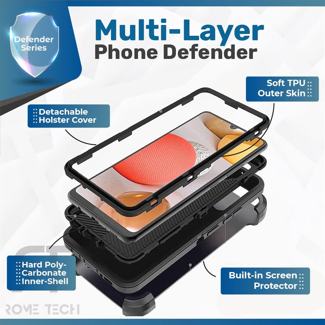Defender Multi-Layer Series Phone Defender Soft TPU Outer Skin Detachable Holster Cover Hard Poly-Carbonate Inner-Shell Built-in Screen Protector ROME TECH
