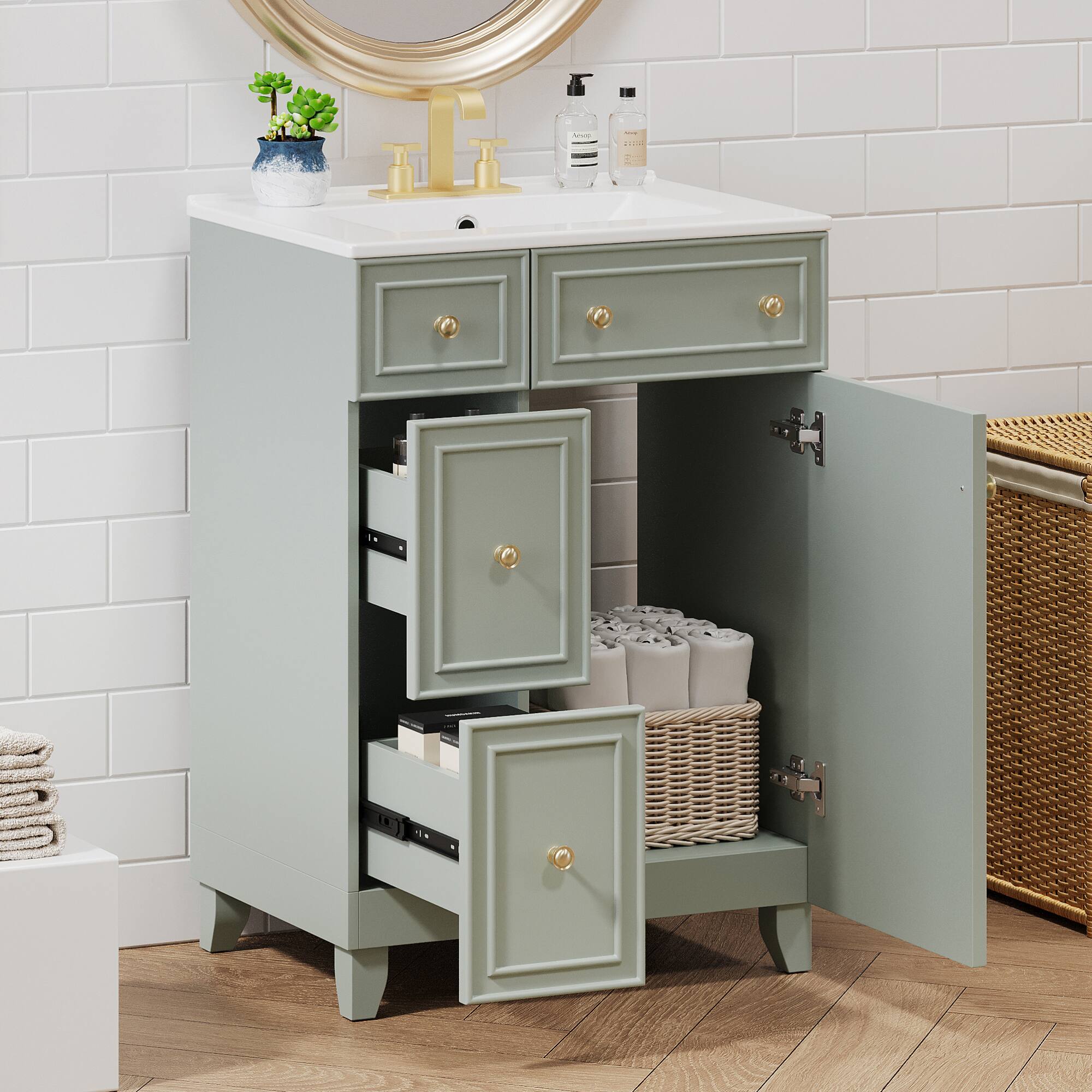 Front. ELEMENT ACE - Compact 24-Inch Bathroom Vanity Cabinet with Ceramic Sink and Ample Storage Space - Green.