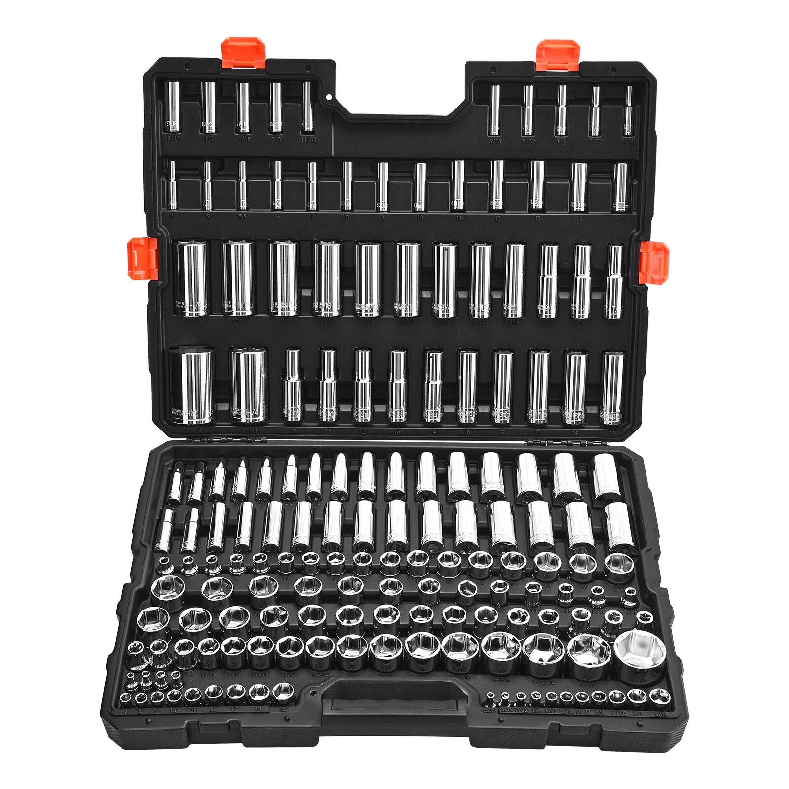 Front. VEVOR - Socket Set, 163 Pieces, 3/8 & 1/4 & 1/2 inch Drive Socket Tool Set, SAE and Metric, Deep and Standard, Mechanic Tool Kit - Black+Sliver.