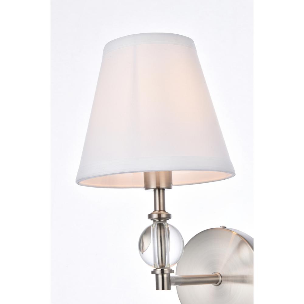 Left. Living District - Bethany 1 light bath sconce in satin nickel with white fabric shade - Satin Nickel And White Fabric Shade.