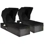Front. Costway - Costway 2PCS Patio Rattan Lounge Chair Chaise Cushion Canopy Adjustable Tea Table - Black.
