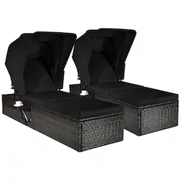 Costway - 2PCS Patio Rattan Lounge Chair Chaise Cushion Canopy Adjustable Tea Table - Black