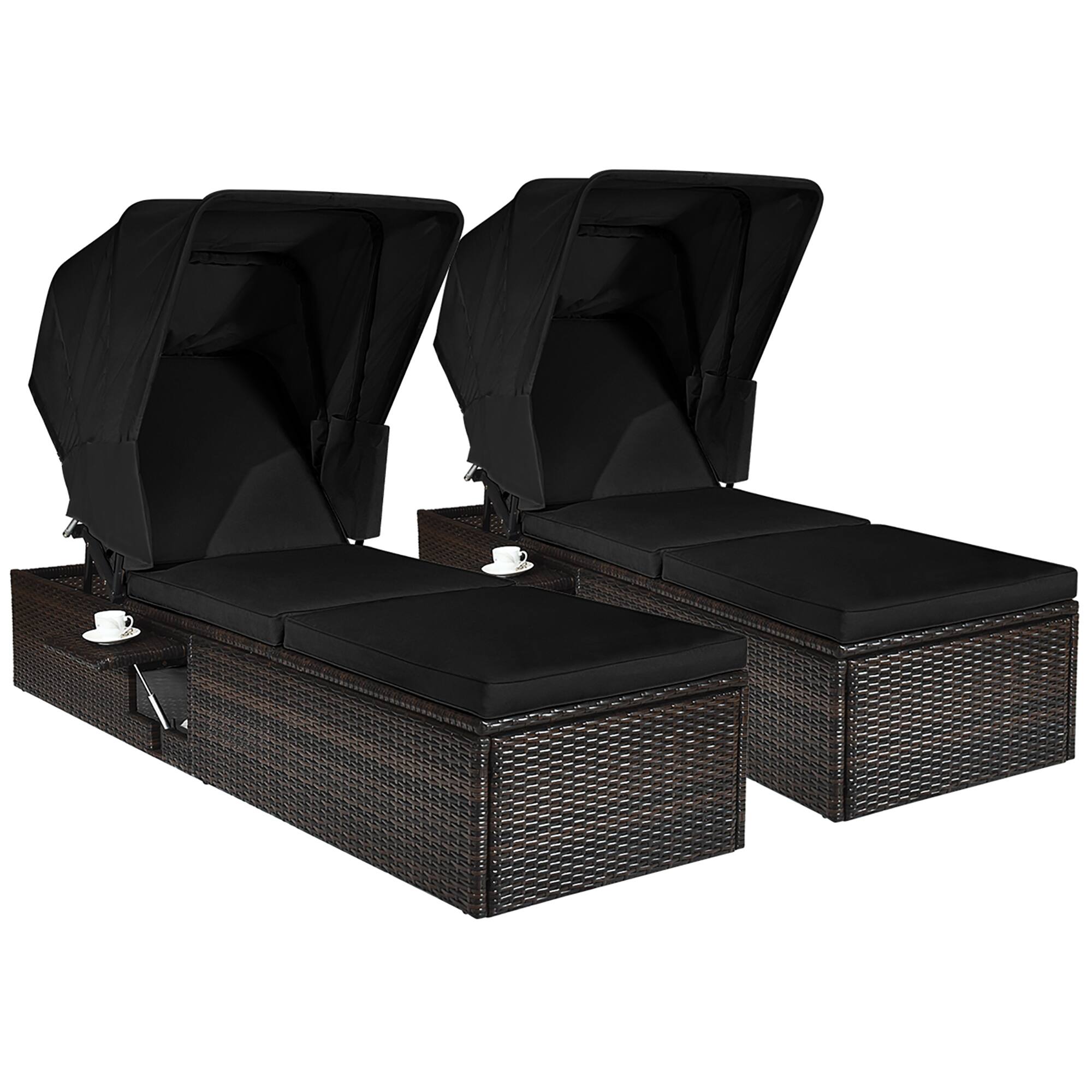 Front. Costway - Costway 2PCS Patio Rattan Lounge Chair Chaise Cushion Canopy Adjustable Tea Table - Black.