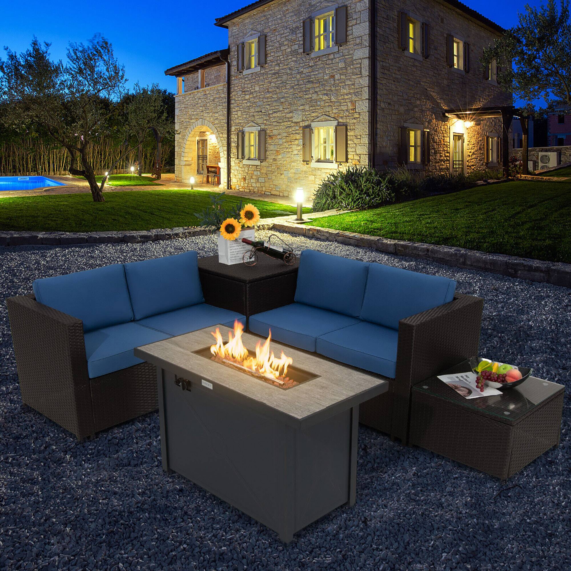 Alt View 2. Gymax - Gymax 5PCS Patio Rattan Furniture Set Fire Pit Table w/ Cover Storage Cushion Navy - Navy.