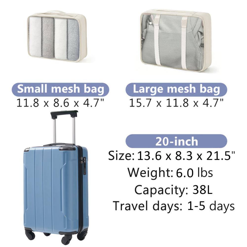 Small mesh bag: 11.8 x 8.6 x 4.7"  
Large mesh bag: 15.7 x 11.8 x 4.7"  

20-inch  
Size: 13.6 x 8.3 x 21.5"  
Weight: 6.0 lbs  
Capacity: 38L  
Travel days: 1-5 days