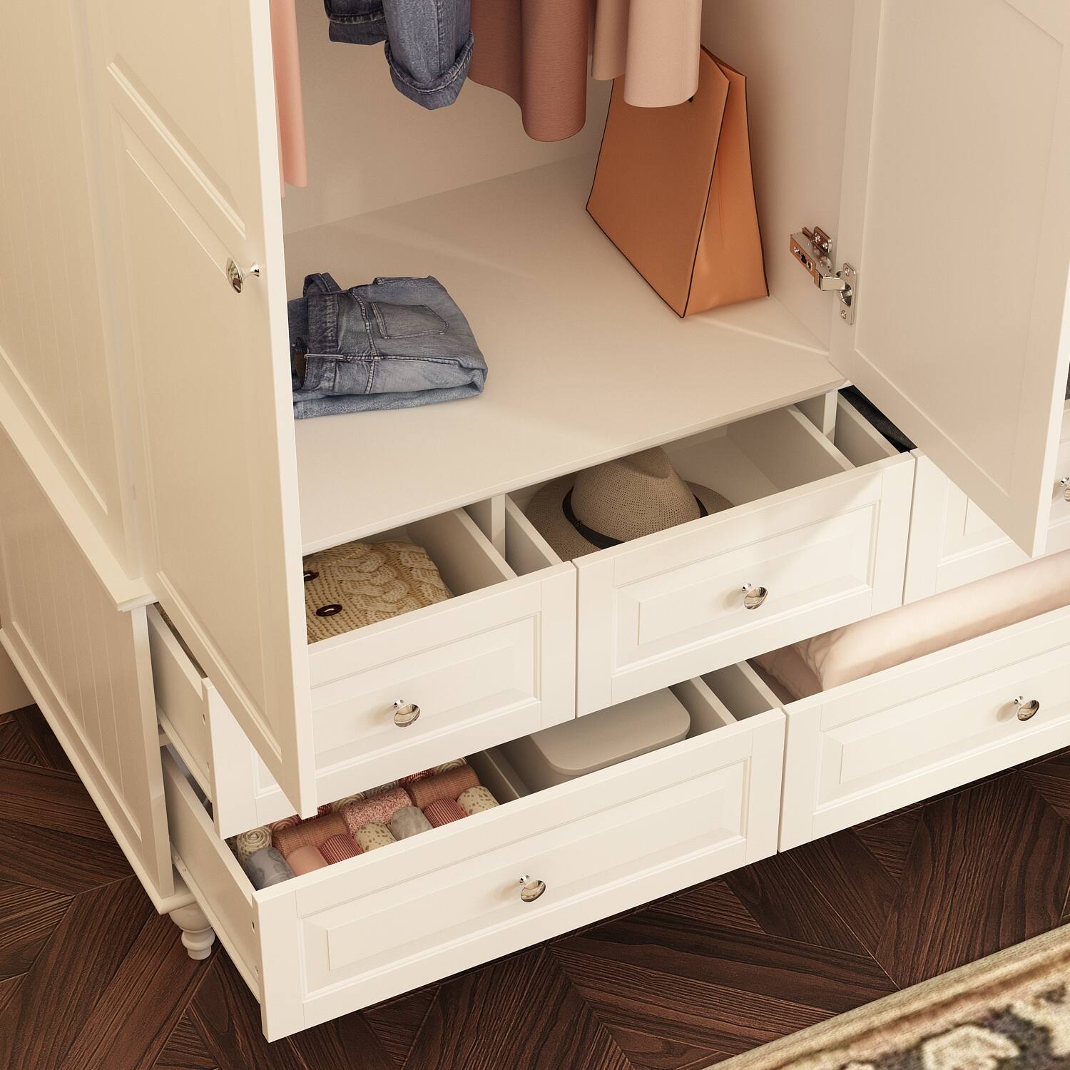 Alt View 1. FUFU & GAGA - French Style Wardrobe Closet Armoire with Mirror 3 Door Storage Cabinet with Hanging Rod Shelves and Drawers for Bedroom - White.