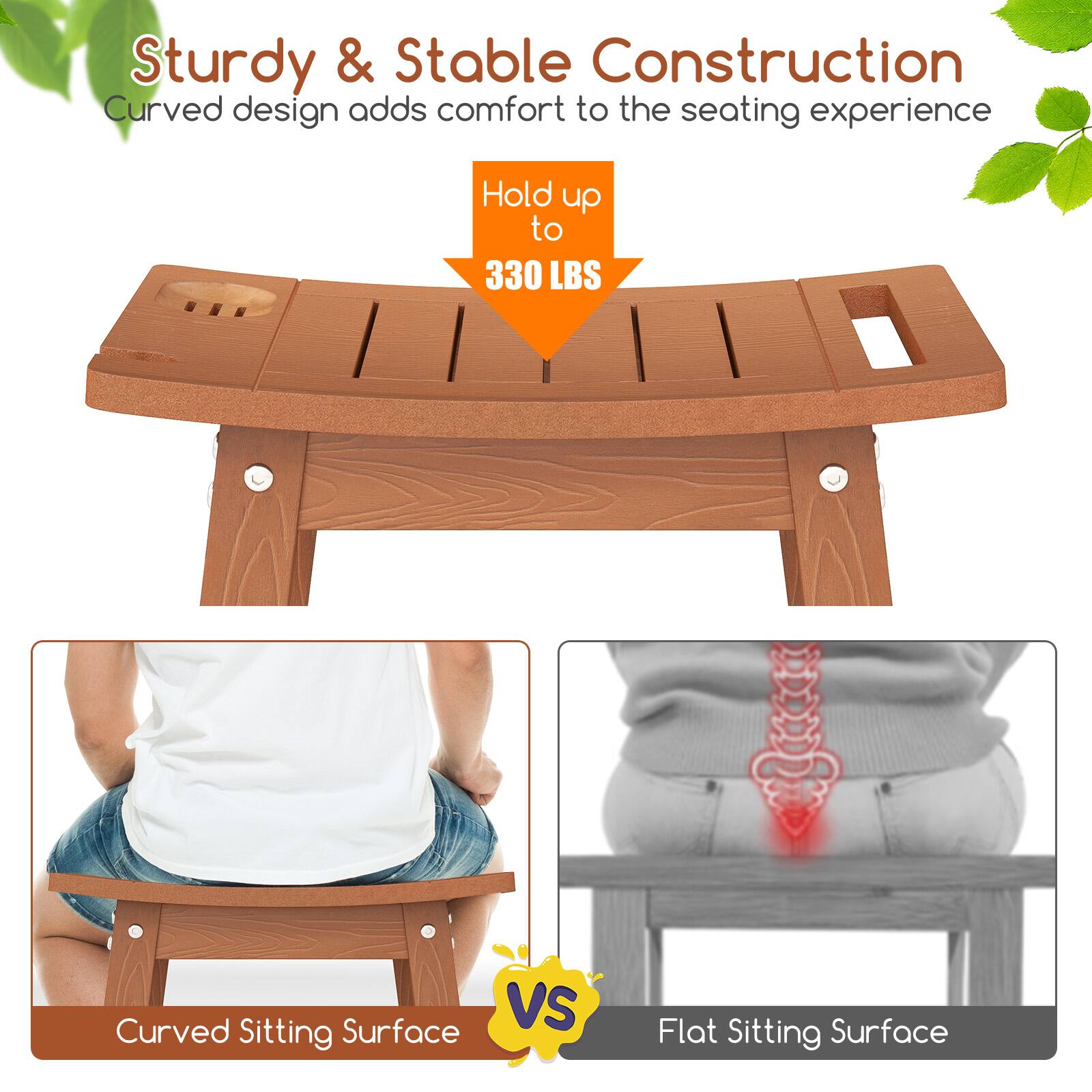 Sturdy & Stable Construction  
Curved design adds comfort to the seating experience  

Hold up to 330 LBS  

Curved Sitting Surface  
VS  
Flat Sitting Surface