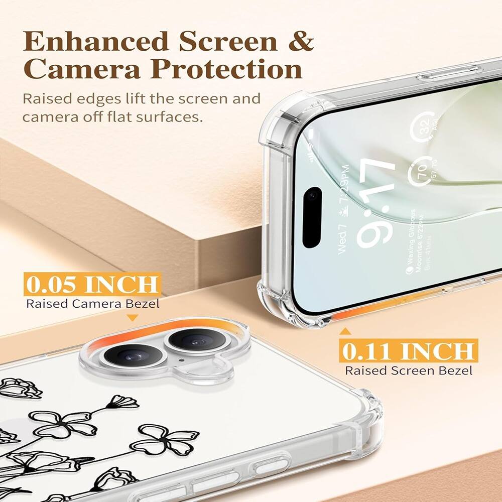 Enhanced Screen & Camera Protection  
Raised edges lift the screen and camera off flat surfaces.  

0.05 INCH  
Raised Camera Bezel  

0.11 INCH  
Raised Screen Bezel