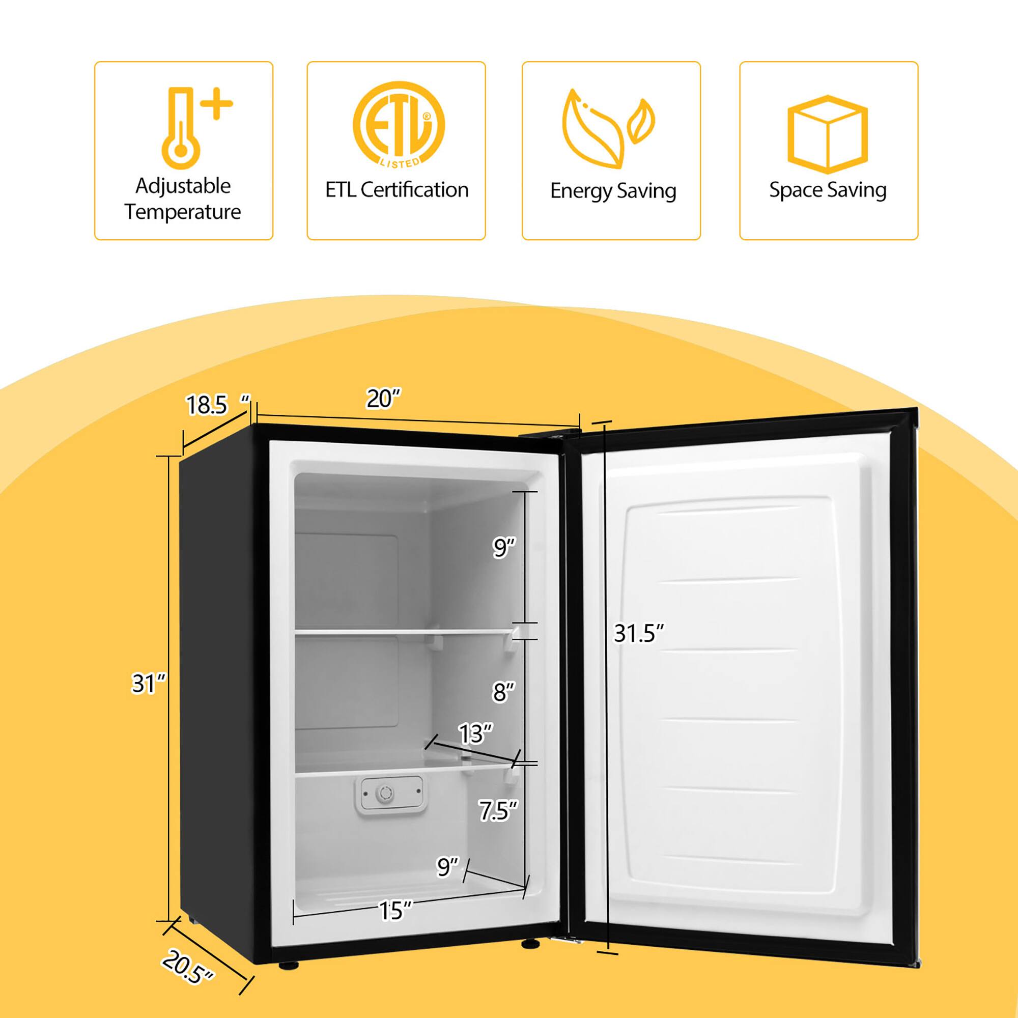 The text on the image is grouped and corrected as follows:
+ Adjustable Temperature ETL LISTED ETL Certification Energy Saving Space Saving 18.5 20" 9" 31.5" 31" 8" 13" 7.5" 9" 20.5" 15"
This text describes the features of a refrigerator, including adjustable temperature, ETL certification, energy-saving capabilities, and space-saving design. The dimensions of the refrigerator are also provided, with measurements for the height, width, and depth of the appliance.