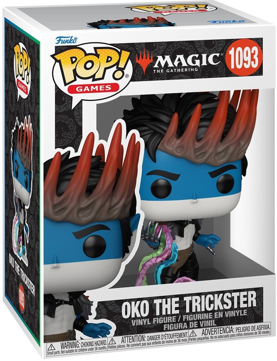 Sure, here is the corrected and grouped text from the image:

---

**Funko POP! GAMES**

**MAGIC THE GATHERING**

**1093**

**OKO THE TRICKSTER**

**VINYL FIGURE / FIGURINE EN VINYLE / FIGURA DE VINIL**

**WARNING: CHOKING HAZARD. Small parts. Not suitable for children under 36 months.**

**ATTENTION: DANGER D'ÉTOUFFEMENT. Petites pièces. Ne convient pas aux enfants de moins de 36 mois.**

**ADVERTENCIA: PELIGRO DE ASFIXIA. Partes pequeñas. No es adecuado para niños menores de 36 meses.**

---

This text is organized to reflect the information on the packaging, including the brand, series, character, and safety warnings.