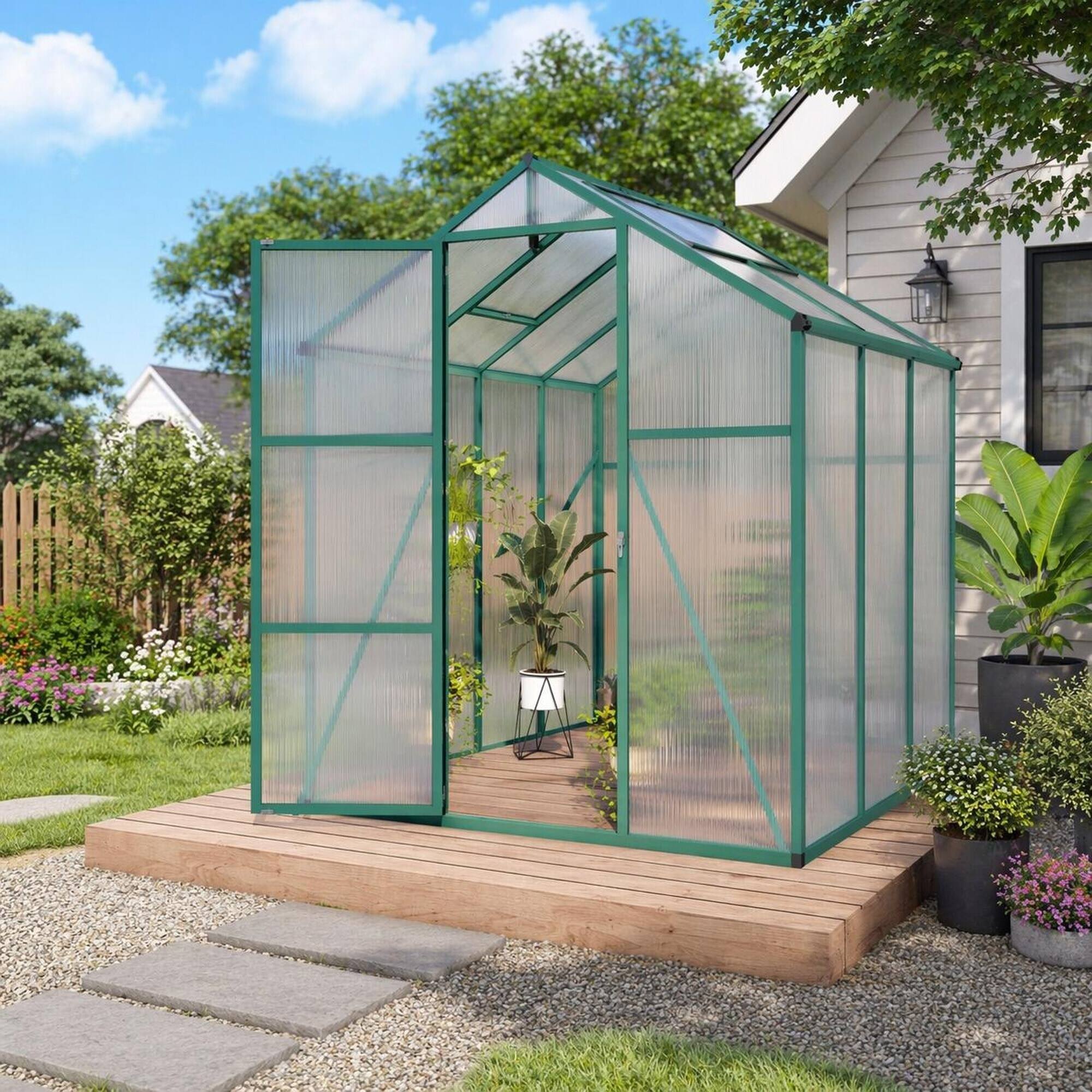 Left. RYHNUYNE - 6x8 ft Polycarbonate Greenhouse, Heavy Duty Aluminum Frame, Walk-in Garden Kit, All Season.