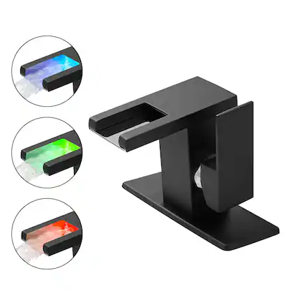 Front. Boyel Living - Single Handle Single Hole Bathroom Faucet Matte Black with Deck Plate LED Temperature Sensor Waterfall Spout - Matte Black.