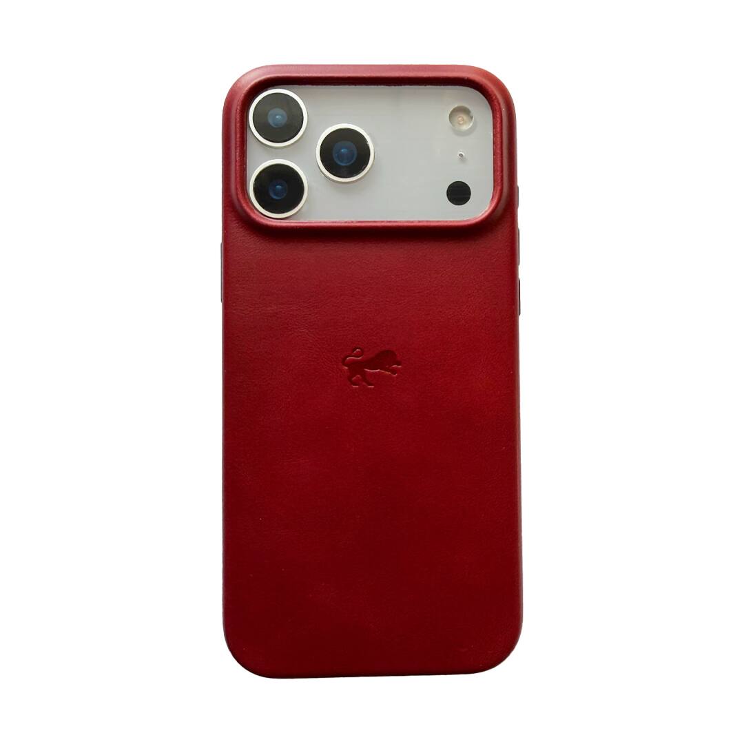 Left. LUMAZI - Full Grain Leather MagSafe iPhone 17 Pro Case - Winterberry.