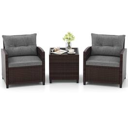 Gymax - Set of 3 Rattan Furniture Set Patio Cushioned Conversation Set Sofa - Gray