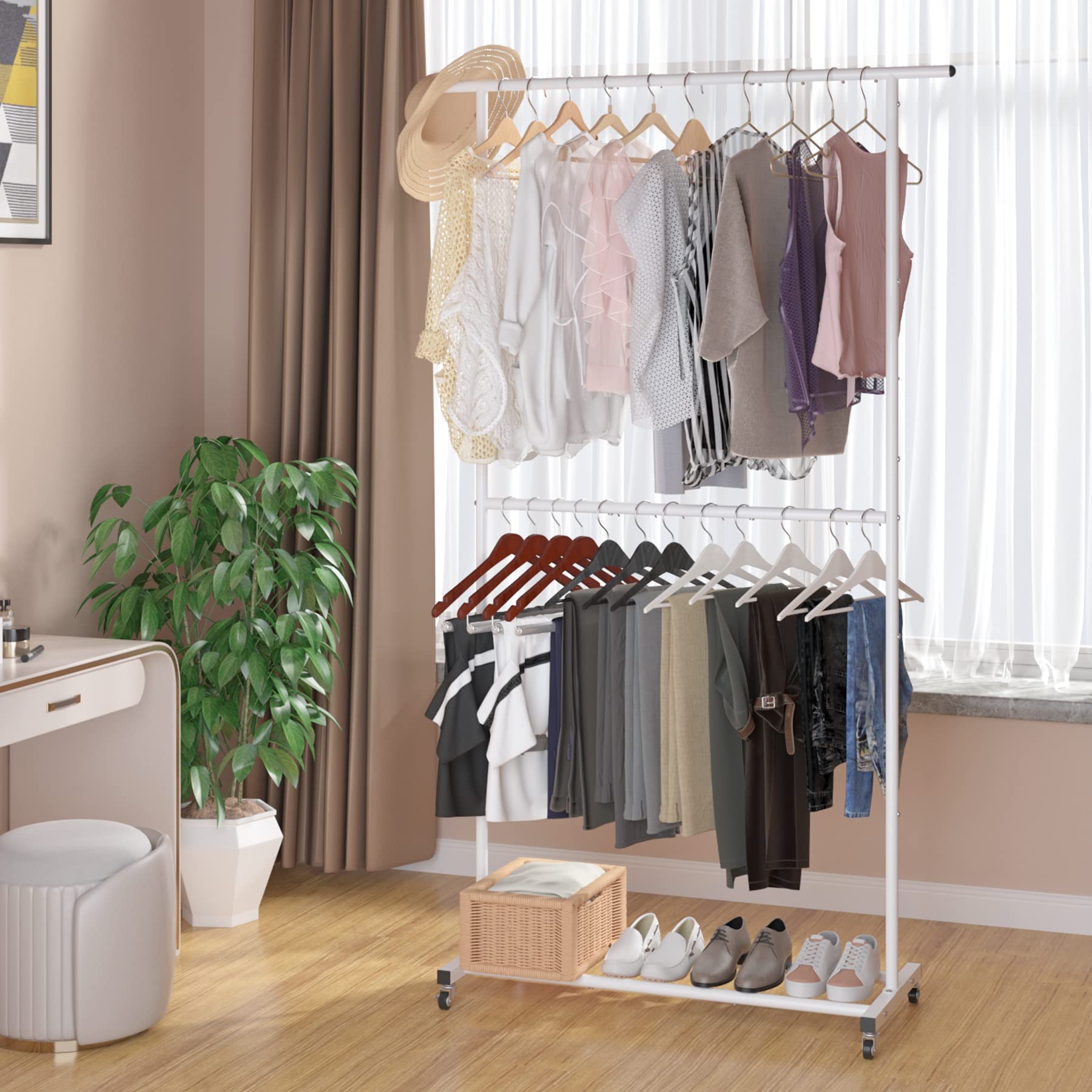 Alt View 2. Refined Abode Design - Double Rod Clothing Garment Rack Rolling Clothes Organizer On Wheels For Hanging Easy To Assemble Adjustable - Gold No mesh.