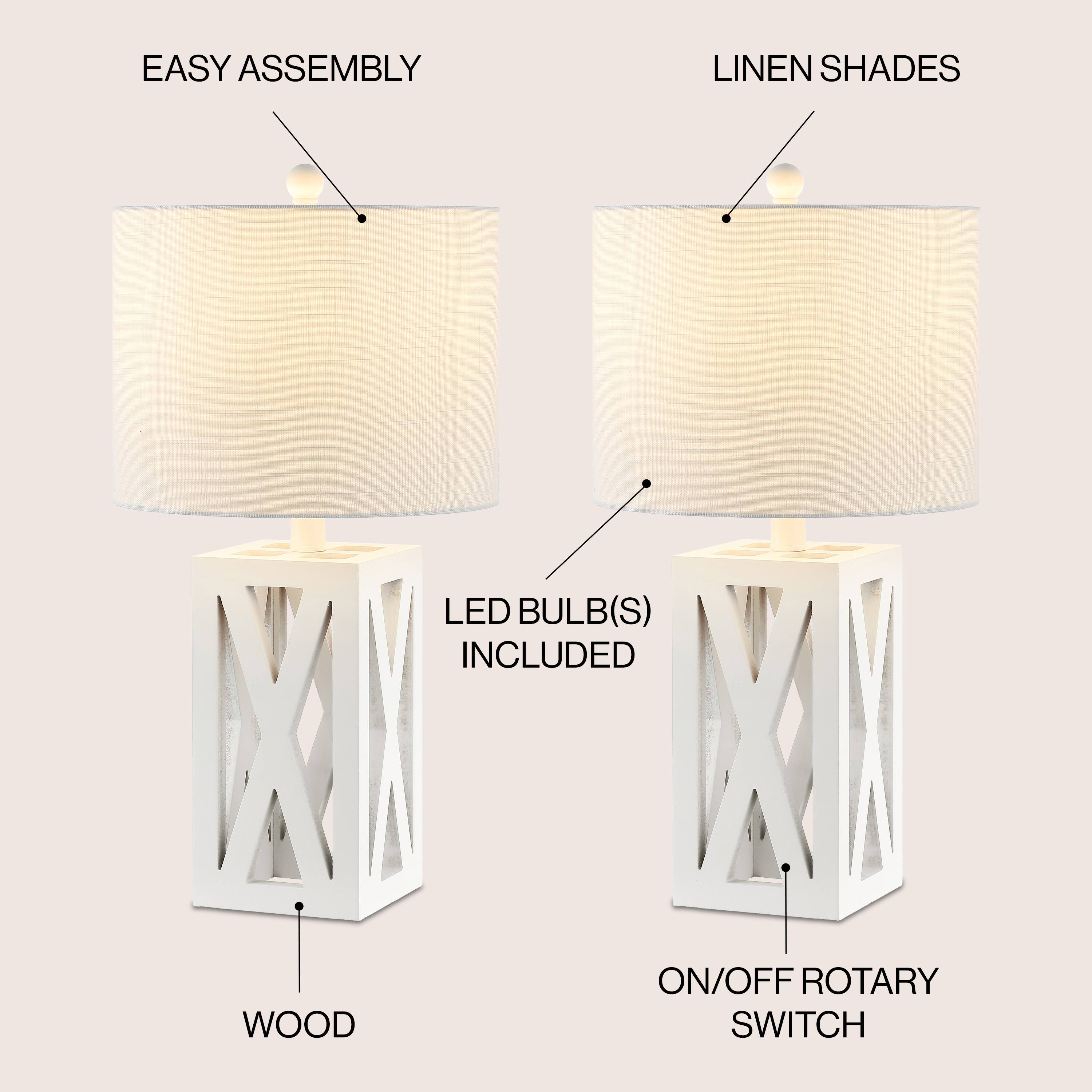EASY ASSEMBLY  
LINEN SHADES  
LED BULB(S) INCLUDED  
WOOD  
ON/OFF ROTARY SWITCH