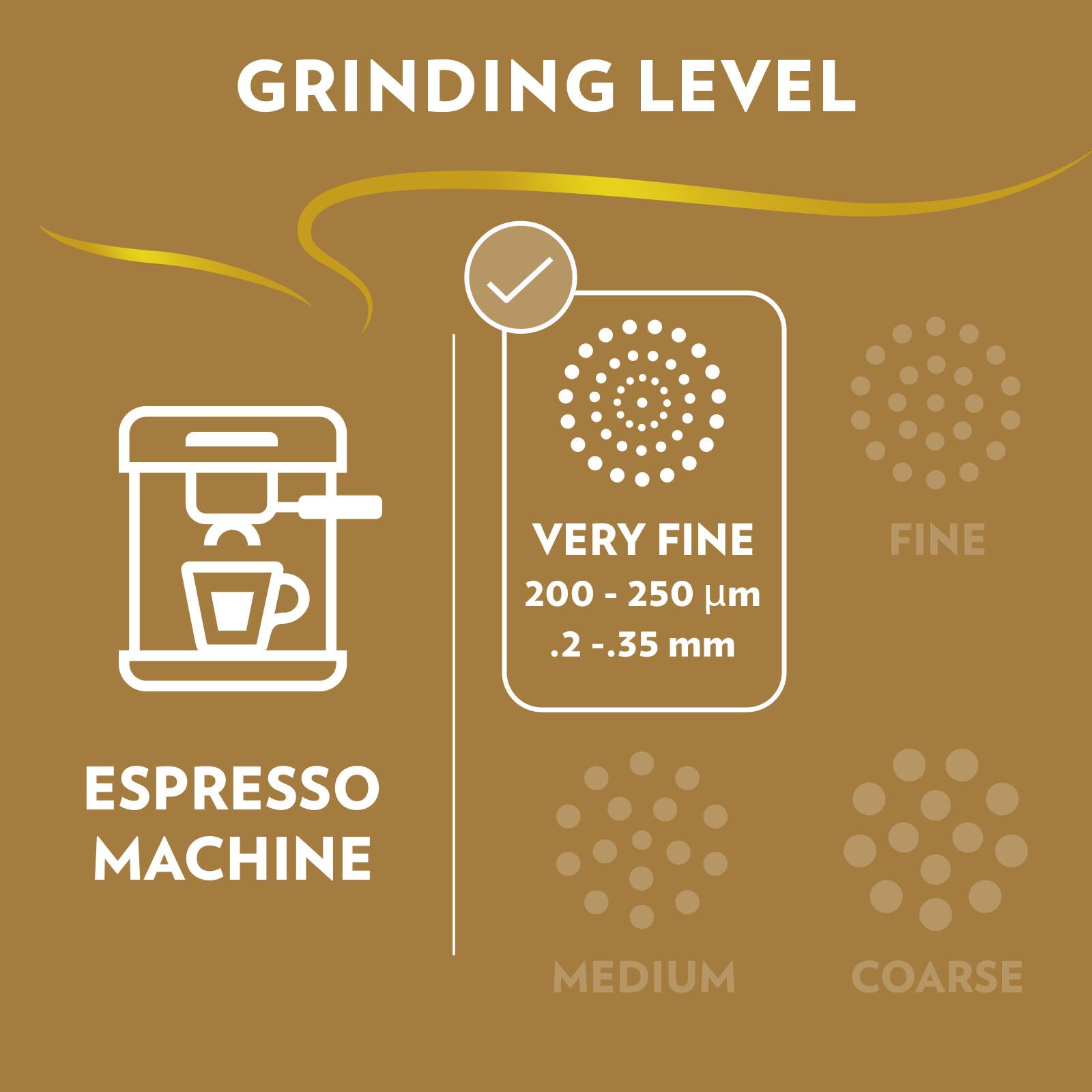GRINDING LEVEL VERY FINE 200-250 µm 2. - 35 mm FINE ESPRESSO MACHINE MEDIUM COARSE