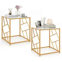 Costway 2PCS 19.5" Side Table Square Bedside Sofa Accent Coffee Table Tempered Glass Top - Gold+White - Front_Zoom