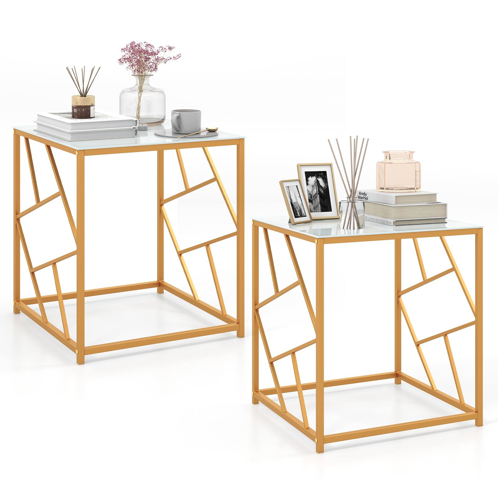 Costway - 2PCS 19.5" Side Table Square Bedside Sofa Accent Coffee Table Tempered Glass Top - Gold+White
