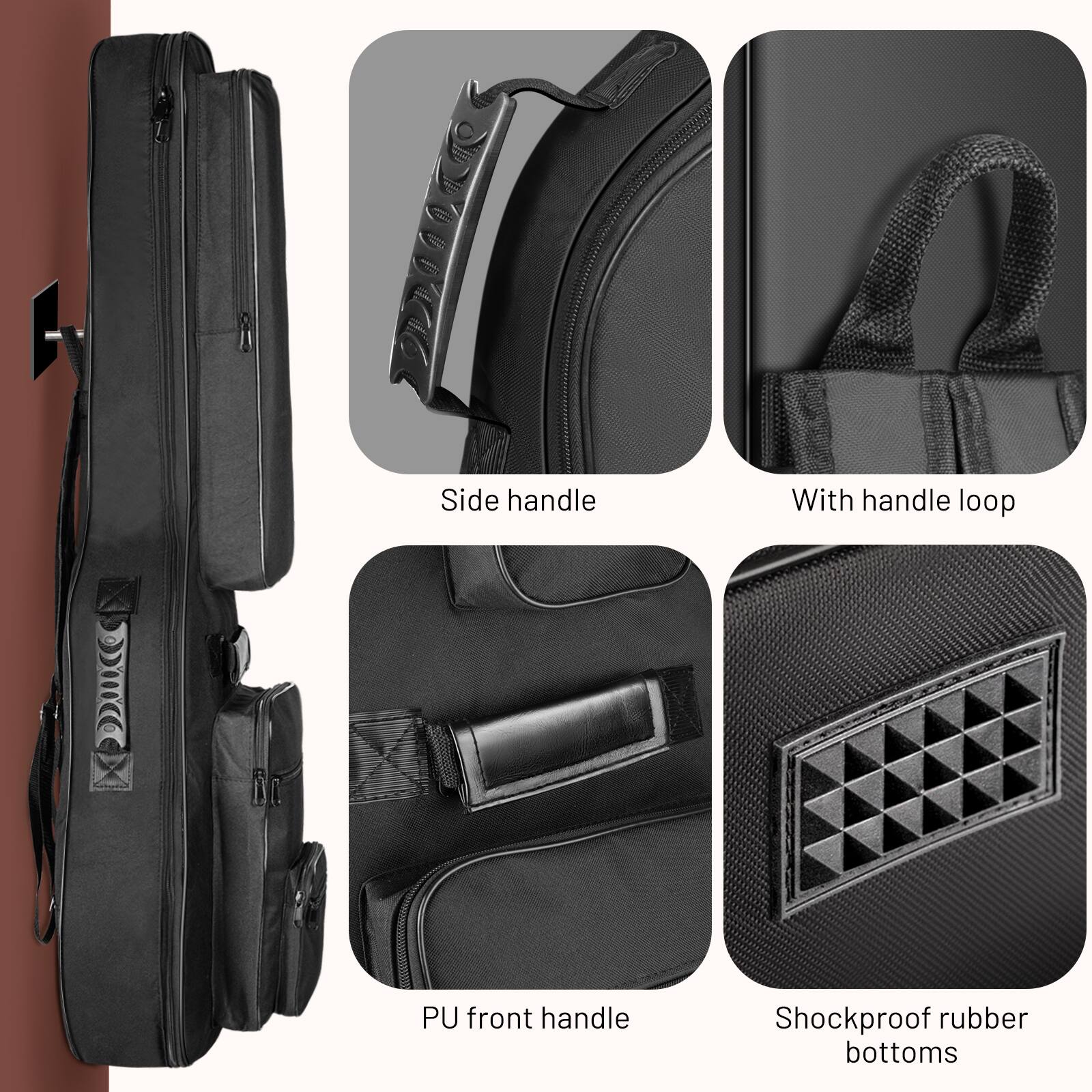 - Side handle
- With handle loop
- PU front handle
- Shockproof rubber bottoms