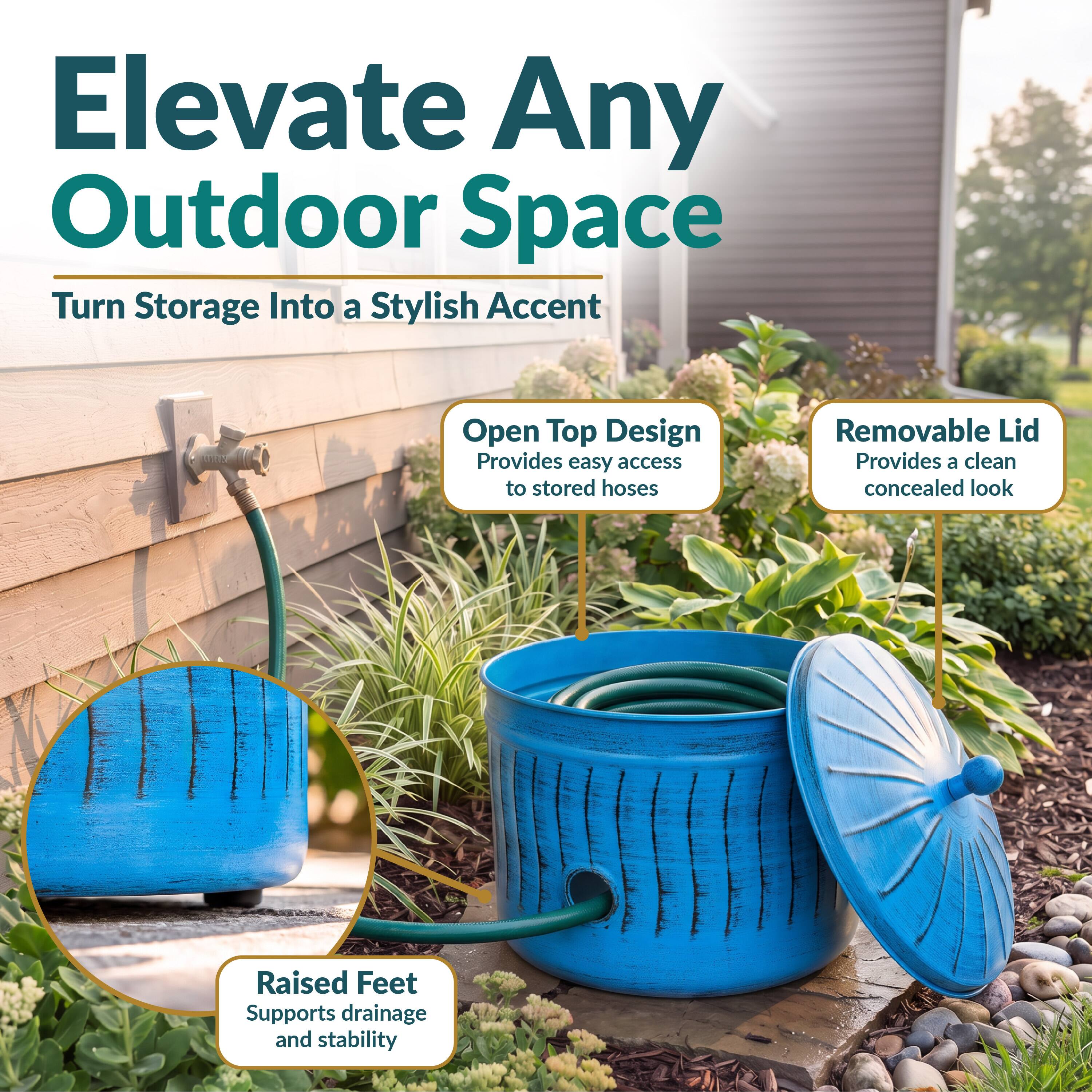 Elevate Any Outdoor Space  
Turn Storage Into a Stylish Accent

- Open Top Design  
  Provides easy access to stored hoses

- Removable Lid  
  Provides a clean concealed look

- Raised Feet  
  Supports drainage and stability