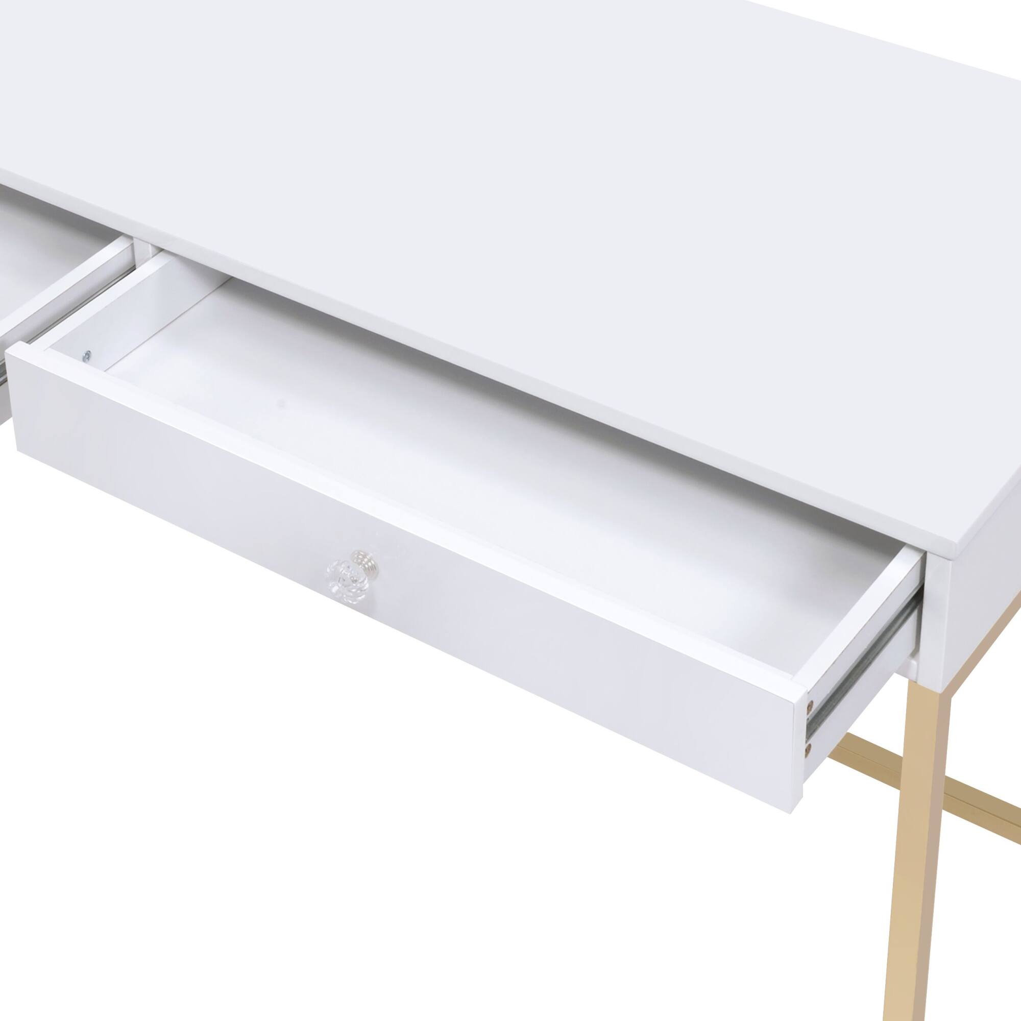 Back. GOODSILO - Contemporary High Gloss Writing Desk with Metal Base and Two Storage Drawers for Modern Office - White.