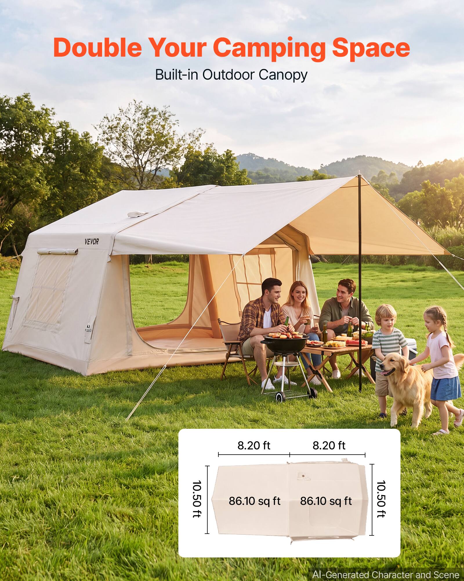 Double Your Camping Space  
Built-in Outdoor Canopy

VEVOR  
40  
8.20 ft  
8.20 ft  
10.50 ft  
86.10 sq ft  
86.10 sq ft  
10.50 ft

AI-Generated Character and Scene