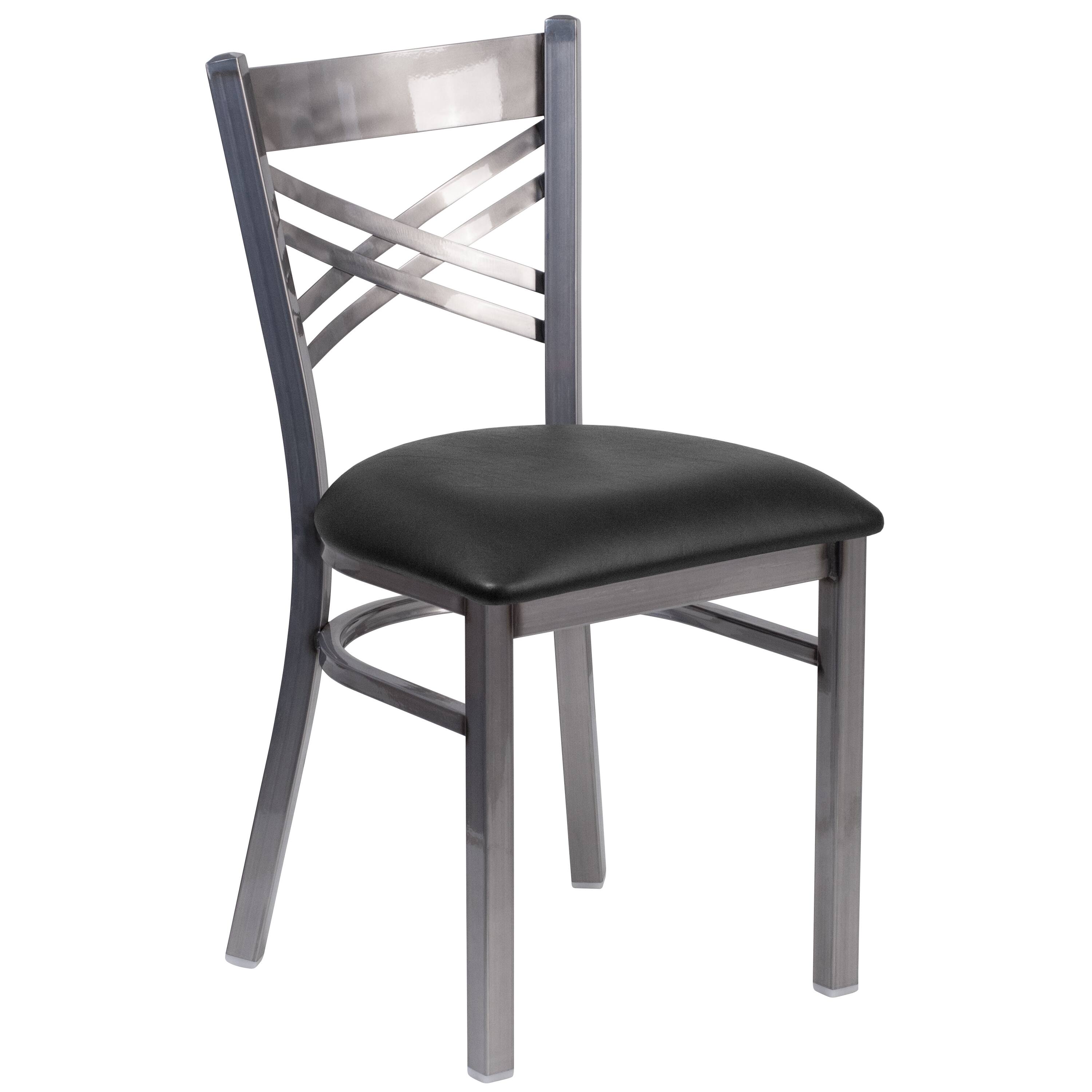 Emma + Oliver - Clear Coated "X" Back Metal Restaurant Dining Chair - Black Vinyl Seat/Clear Coated Metal Frame