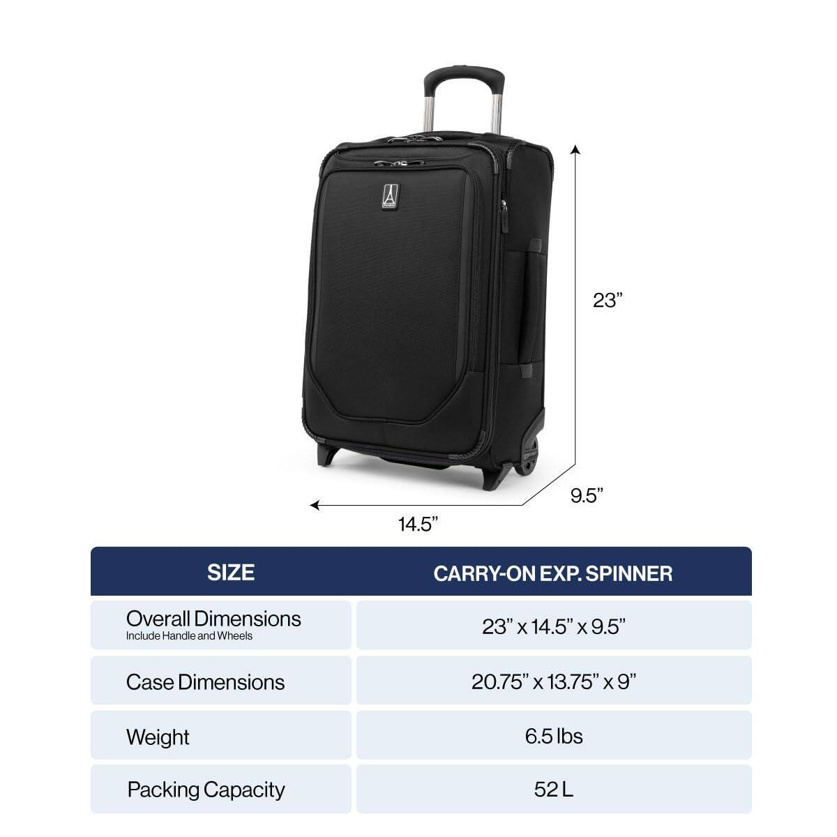 A 23" x 14.5" x 9.5" SIZE CARRY-ON EXP. SPINNER

Overall Dimensions Include Handle and Wheels
23" x 14.5" x 9.5"

Case Dimensions
20.75" x 13.75" x 9"

Weight
6.5 lbs

Packing Capacity
52 L