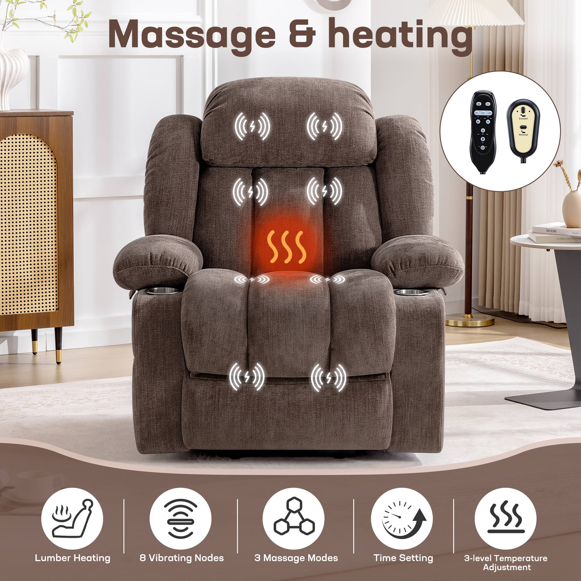 Massage & heating

- Lumber Heating
- 8 Vibrating Nodes
- 3 Massage Modes
- Time Setting
- 3-level Temperature Adjustment