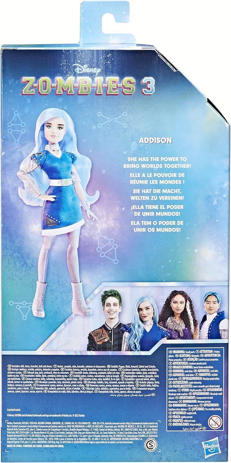 **Disney ZOMBIES 3**

**Addison**

- She has the power to bring worlds together!
- Elle a le pouvoir de réunir les mondes!
- Sie hat die Macht, Welten zu vereinen!
- Ella tiene el poder de unir mundos!
- Ela tem o poder de unir os mundos!

**Warning/Attention/Advertencia:**
- Small parts. Not for children under 3 years.
- Pequeñas piezas. No apto para menores de 3 años.
- Kleine Teile. Nicht für Kinder unter 3 Jahren.
- Pequeñas piezas. No apto para menores de 3 años.

**Includes/Inclus/Enthält/Incluye/Inhoud:**
- Doll, dress, shoes, bracelet
- Muñeca, vestido, calzado, pulsera
- Poupée, robe, chaussures, bracelet
- Beeld, kleding, schoenen, armband

**Contents:**
- Doll, dress, shoes, bracelet
- Muñeca, vestido, calzado, pulsera
- Poupée, robe, chaussures,