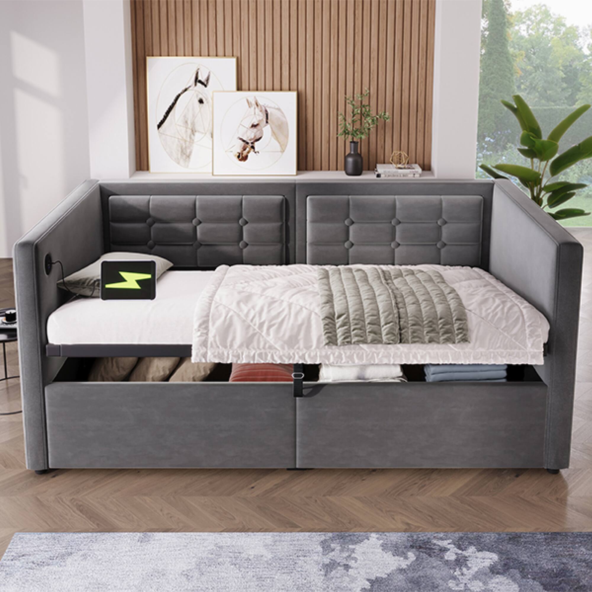 Back. GOODSILO - Upholstered Twin Size Daybed with Hydraulic Storage and USB Charging, Tufted Sofa Back Design - Gray.