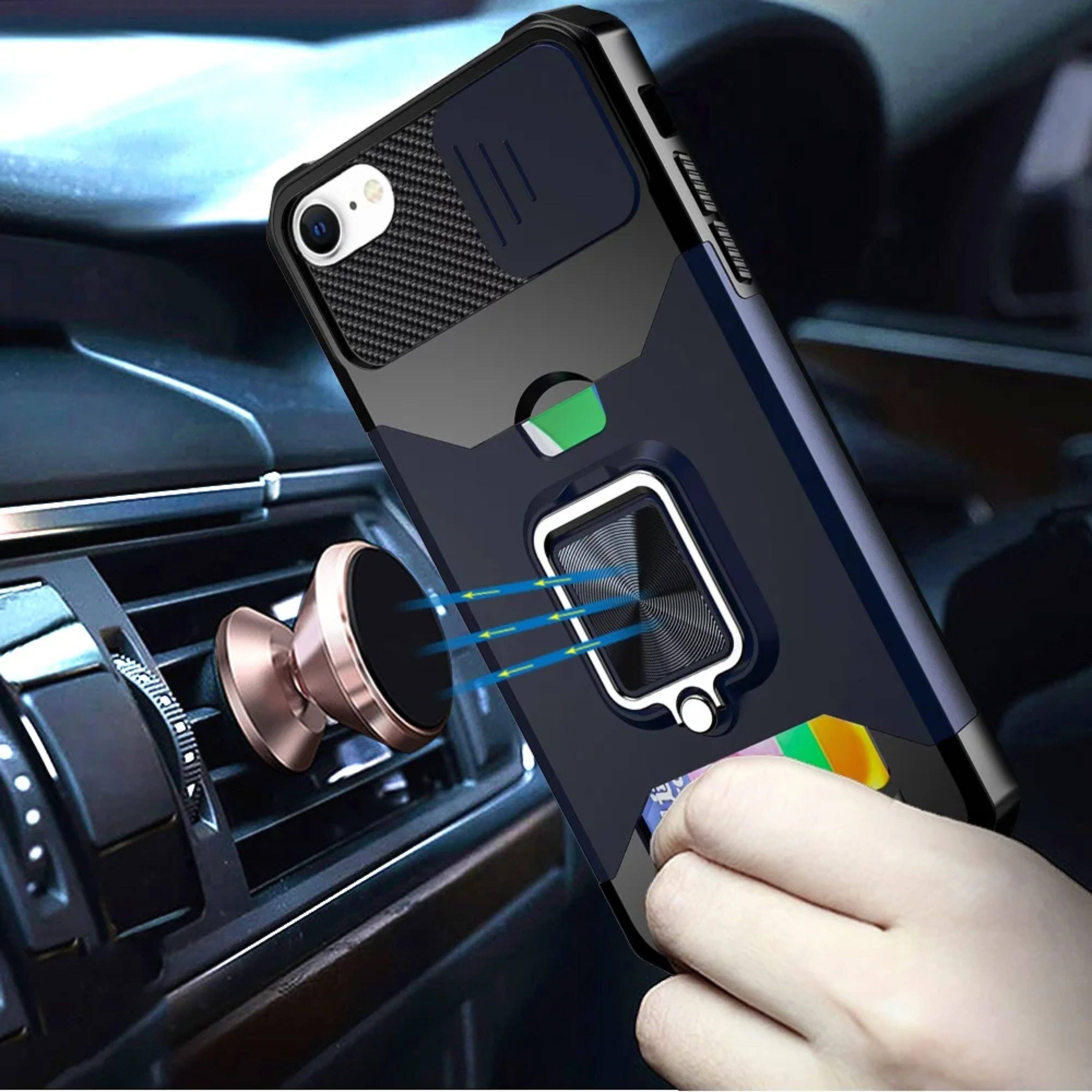Angle. Kitcheniva - Rugged Multi-Use Card Magnetic Ring Stand Cover Phone Case With Tempered Glass For iPhone 16e/17e Blue - Blue.