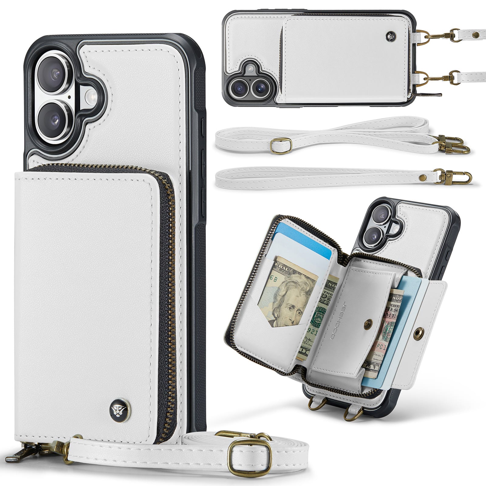 Dteck - Crossbody Zipper Wallet Case for Apple iPhone 17, RFID Blocking PU Leather Card Slots Wrist Strap Lanyard Cover - White price history on PriceWatchPro