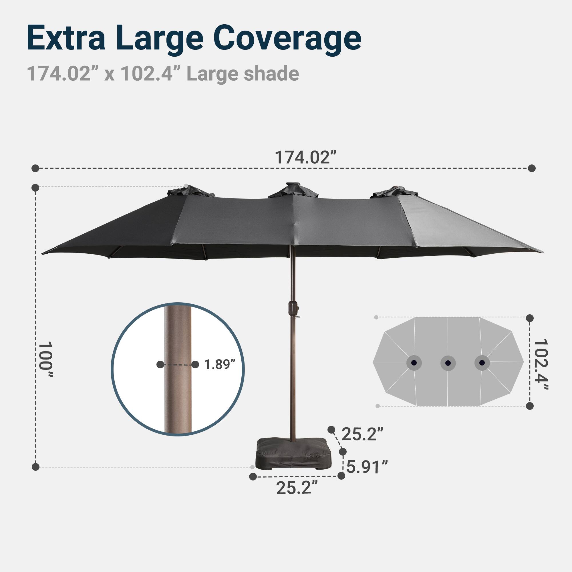 Extra Large Coverage  
174.02" x 102.4" Large shade  
174.02"  
100"  
1.89"  
102.4"  
25.2"  
25.2"  
5.91"