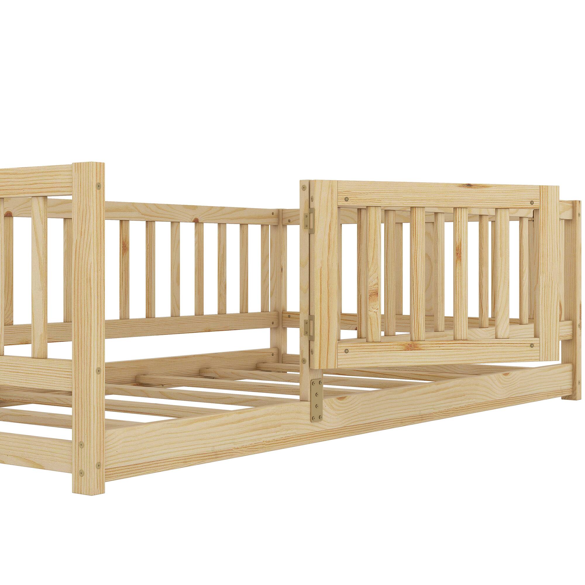 Alt View 5. GOODSILO - Twin Size Montessori Floor Bed with Fence and Door, Wood Bed Frame for Kids, Boys & Girls - Oak.