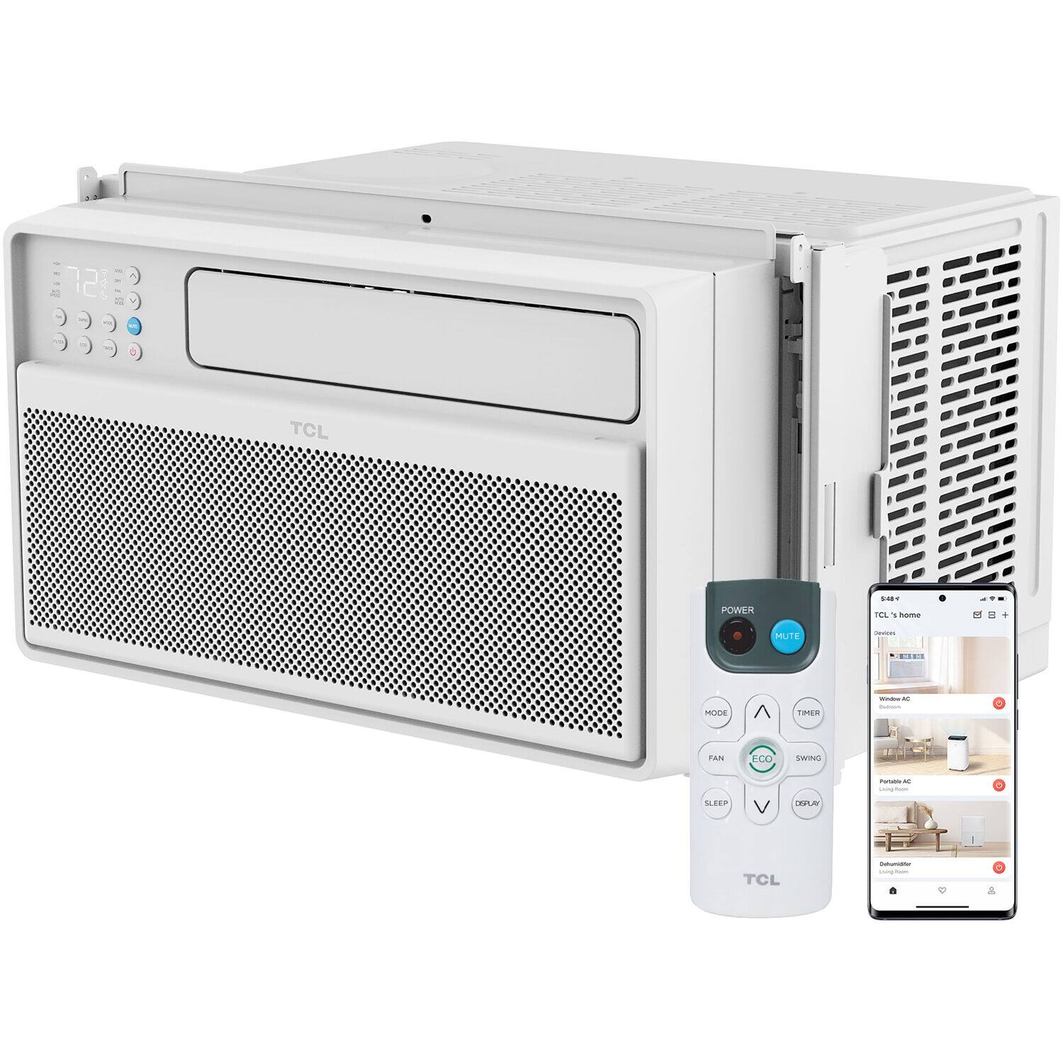The image shows a TCL device, which is a combination of a speaker and a remote control. The remote control is placed next to the device, and a cell phone is also present in the scene. The TCL device is designed to provide a convenient and efficient way to control various functions, such as adjusting the volume, changing channels, or navigating through menus. The cell phone in the image might be used to control the TCL device or display information related to the device's settings or features.