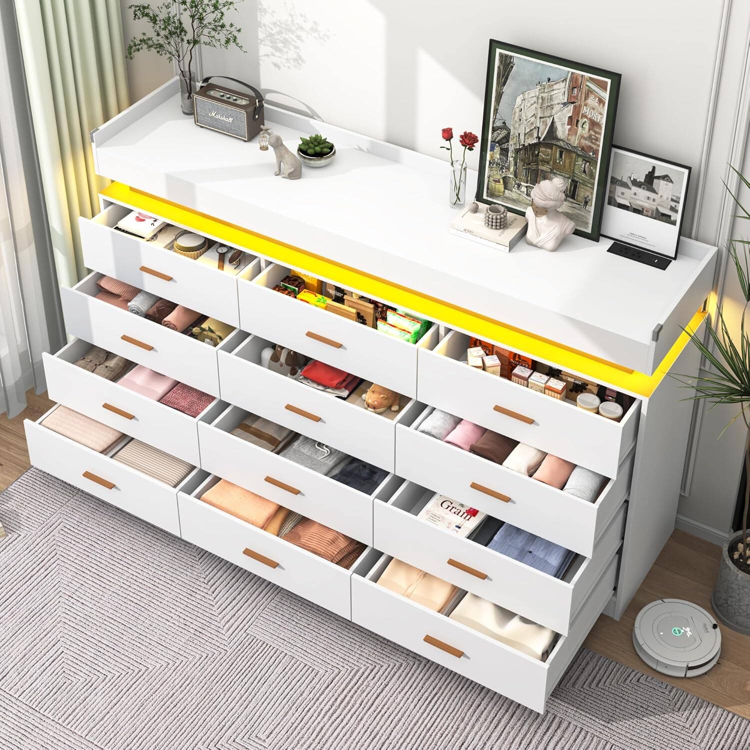 Left. Espafurni - 12 - Drawer Dresser with LED Light & Charging Station - Modern Chest for Bedroom, Living Room, Entryway & Hallway - White.