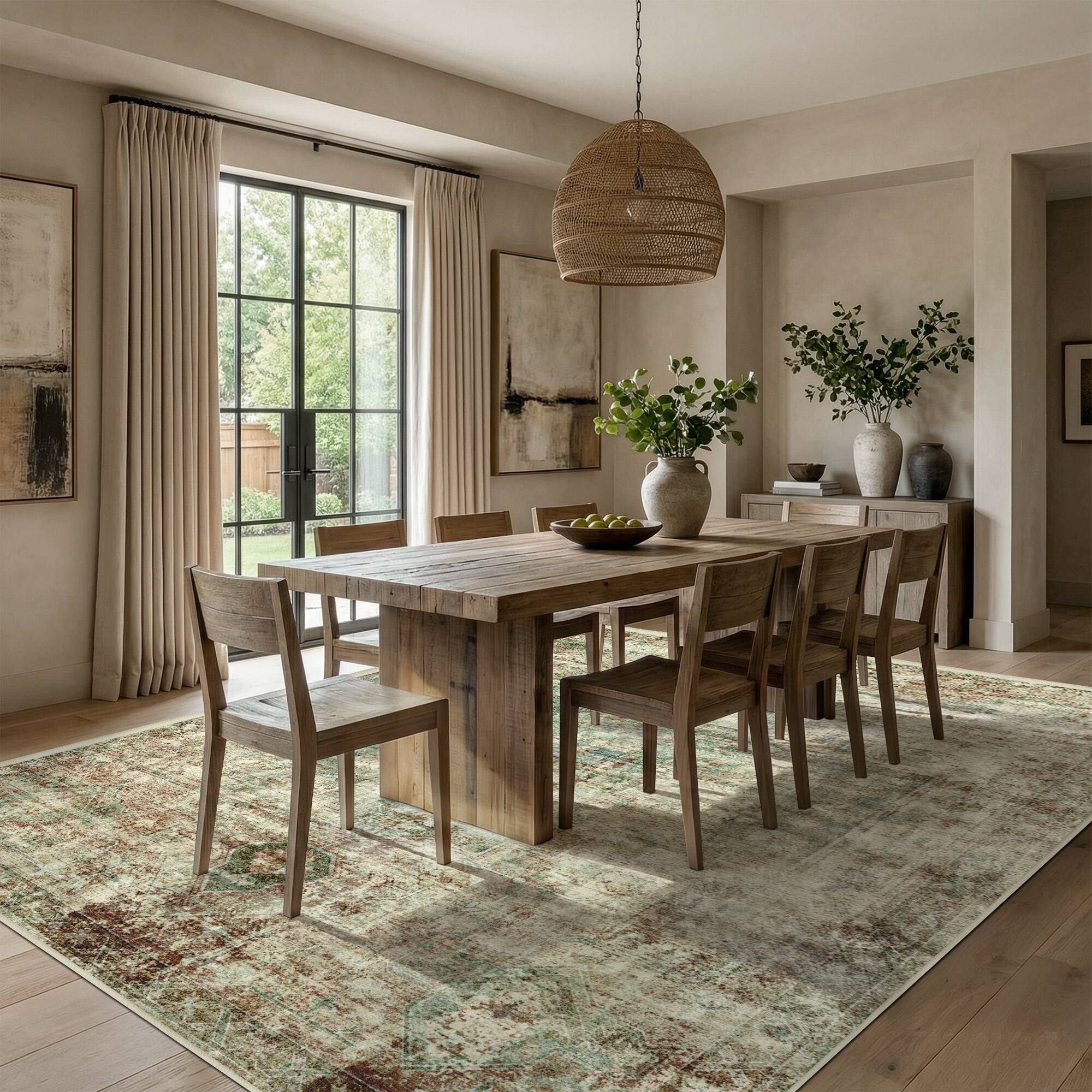 Alt View 2. KERDOM - Boho Vintage Large Area Rug 8x10 ft Machine Washable for Living Room, Bedroom & Dining Room, Non Slip Soft Low Pile Thin - Green Brown.