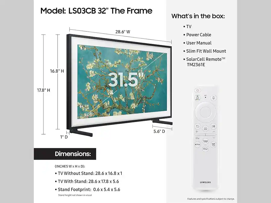 Samsung QN32LS03CBFXZA 32 Inch The Frame QLED Smart TV with Art Mode ...
