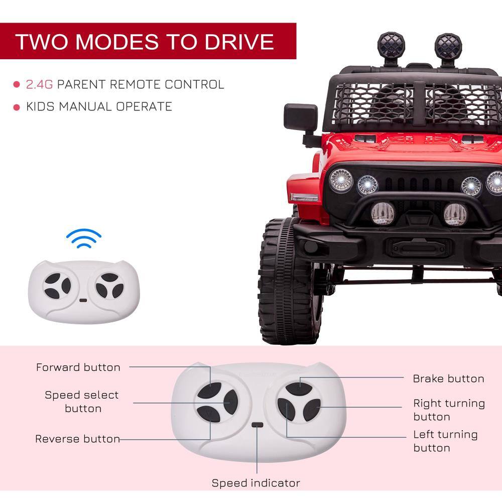 TWO MODES TO DRIVE

- 2.4G PARENT REMOTE CONTROL
- KIDS MANUAL OPERATE

Forward button
Speed select button
Reverse button
Brake button
Right turning button
Left turning button
Speed indicator