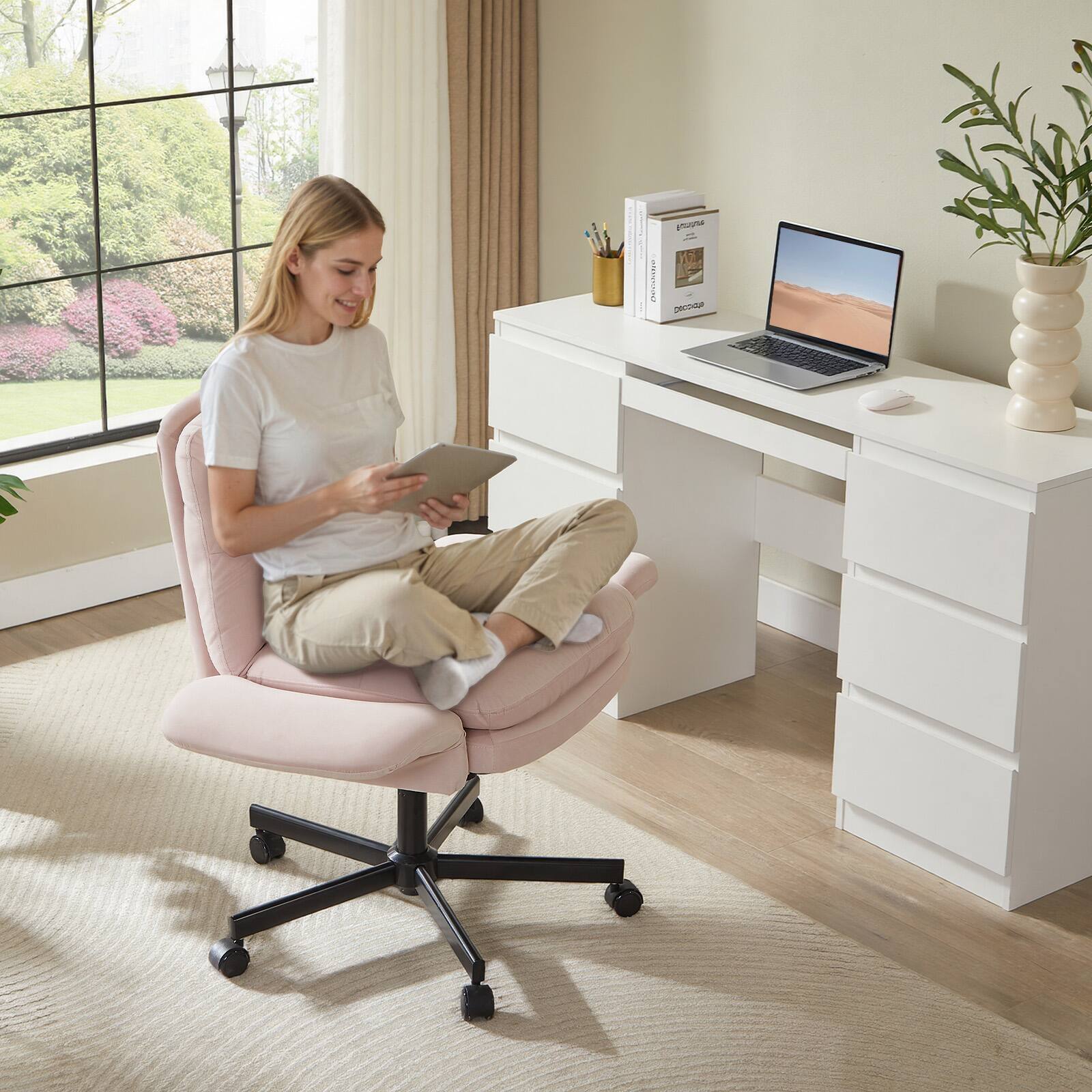 Alt View 1. Bestier - Ergonomic Cross-Legged Office Chair with Flip-Up Arms, Swivel Wheels & Adjustable Backrest for Computer Office Desk - Pink Suede.