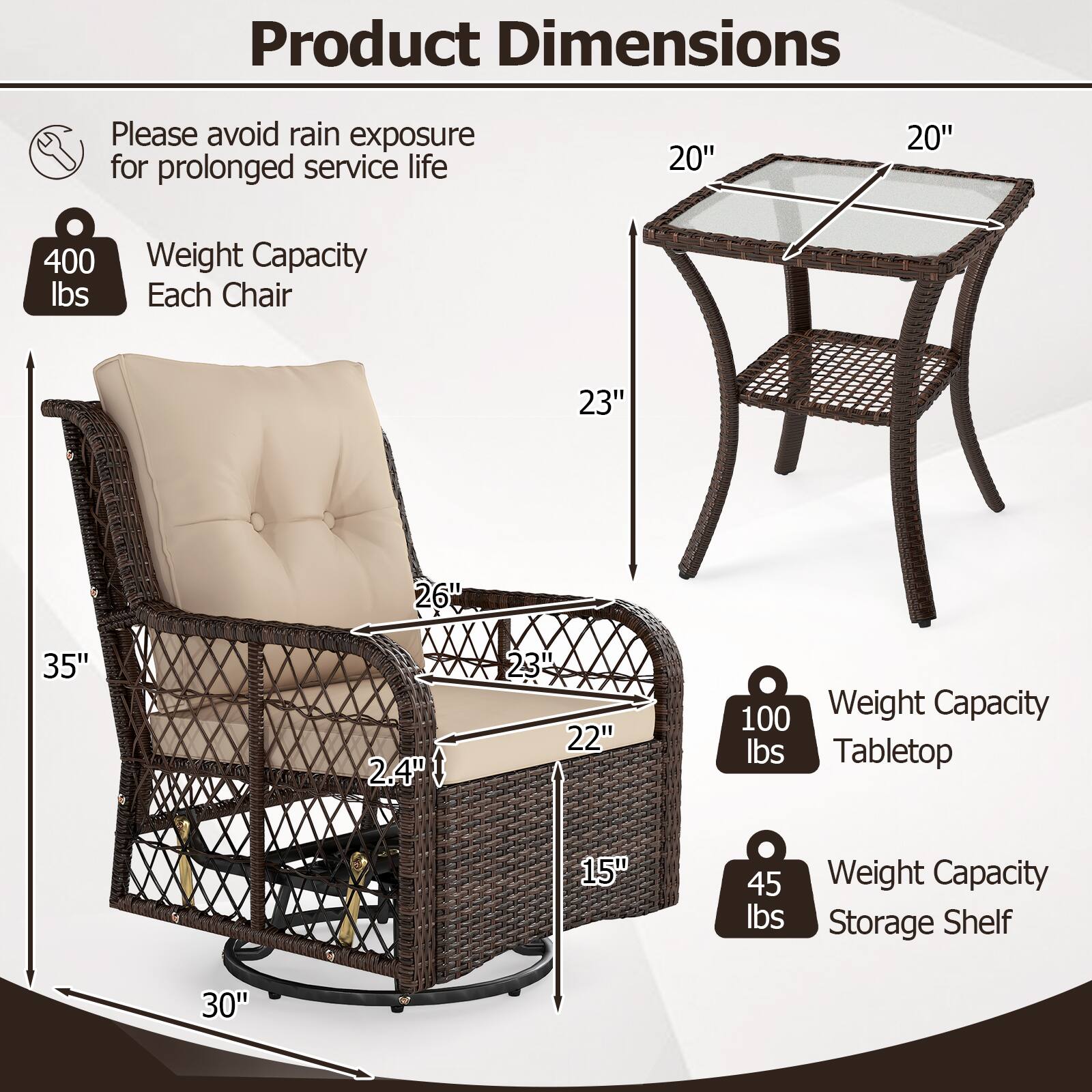 Product Dimensions

Please avoid rain exposure for prolonged service life

20" 20"

400 lbs Weight Capacity Each Chair

23" 26" 35" 2.4" 23" 22"

100 Weight Capacity Tabletop

15" 45 lbs Weight Capacity Storage Shelf

30"