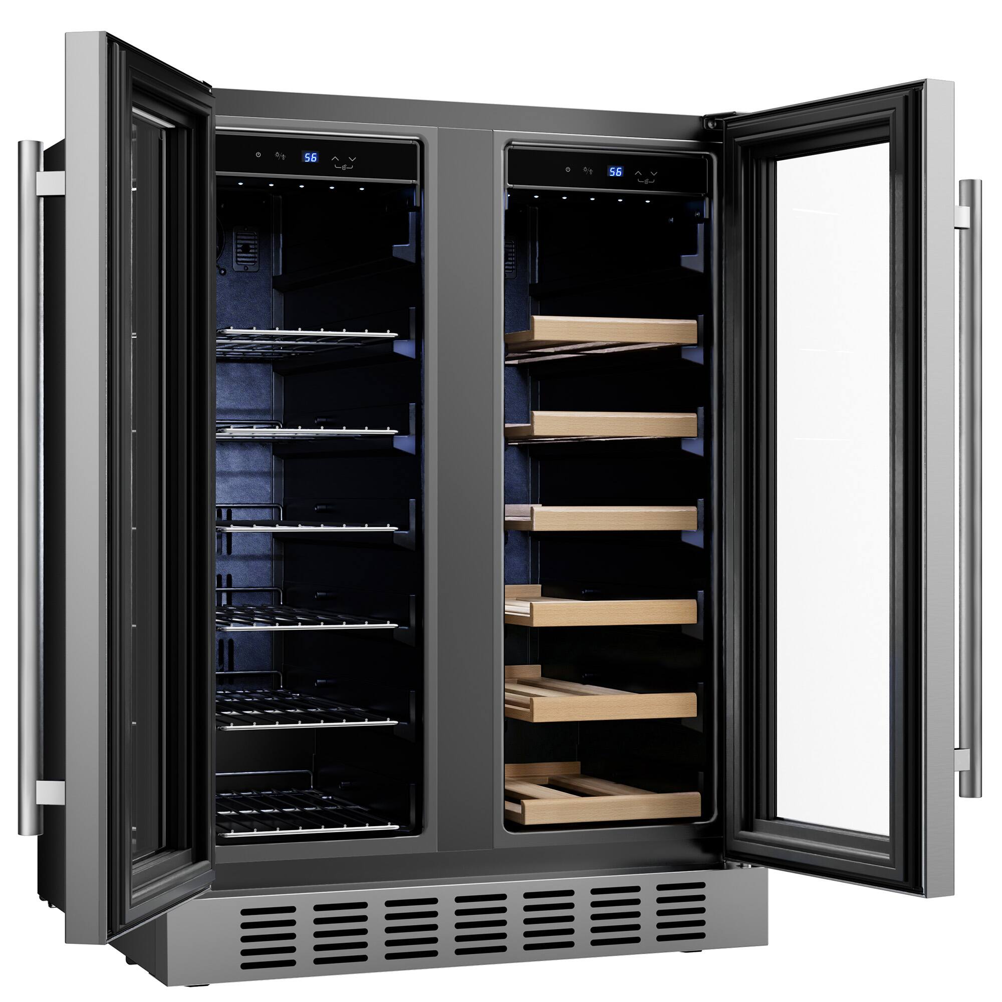 Left. Empava - 23.4 In. Dual Zone Beverage Center Built-in 61-can & 17-bottle Wine Cooler Fridge - Temp Controls In Black - Black.